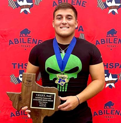 Clifton senior Riley Finney proudly displays his state meet hardware (above); Lady Cub senior Kate Humphreys competes in squat at state (left). Photos courtesy of Brett Voss’ The Sports Buzz