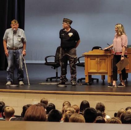 Local veterans David Conrad, Ken Miller and Erin Baker visit Clifton Middle School as part of Celebrating Freedom Week. Courtesy Photo
