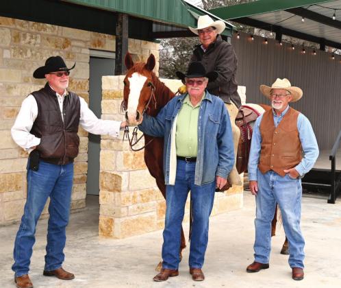 Plaza project manager Paul Hardcastle, Meridian Parks and Rec board president Don Hatley, along with board members Jim Ballard and Jack Cameron on his horse Cowboy at Chisholm Trail Plaza in Meridian. Photo Courtesy of Southern Cross Creative