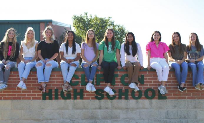 From left, the 2021 CHS Homecoming Queen nominees are Ava Anderson, Elise Webb, Berit Bizzell and Ariana Devora and the 2021 Homecoming Court is Kaleigh Cochran, Kelsey Wetegrove, Sumaya Moshiur, Brittany Ramirez, Cameron Ritz and Kyndall Hunt. Photo by Kimberlee Walker | CHS Yearbook Staff