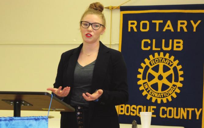 Tabitha Harrison speaks about her career as an investigator and her time digging into Bosque County’s bloody history at last Thursday’s Rotary Club meeting. Ashley Barner | Meridian Tribune