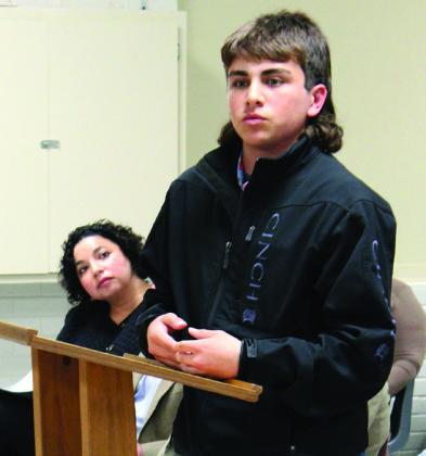 Meridian FFA member Alex Rodriguez asks the Meridian School Board to reconsider a policy that only allows the Ag teacher to attend two stock shows a year. Ashley Barner | Meridian Tribune