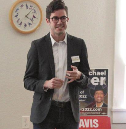 Texas Railroad Commissioner candidate Luke Warford speaks at the Democratic Candidate Tour in Valley Mills. Brook DeZavala | The Clifton Record