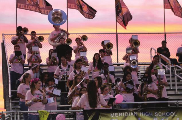 Meridian High School Band of Gold supports breast cancer awareness by wearing pink at Friday night’s game. Brook DeZavala | Meridian Tribune