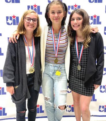 Caroline Bachhofer, Brianna Miles and Penelope Corbin show off their welldeserved medals at the State UIL Academic Meet. Courtesy Photo