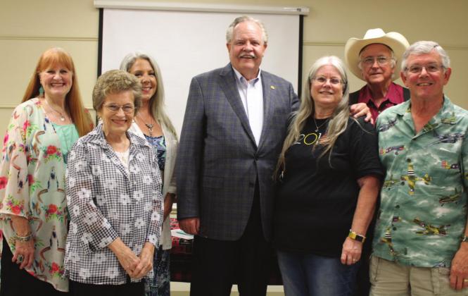 Dr. Monte Monroe spoke at the Bosque Genealogical Society’s meeting Saturday afternoon at the Clifton Civic Center. Monroe spoke about the importance of genealogical research, and how preserved and archived collections have shaped the history of the world. Pictured from left is Debbie Ferguson, Shirley Dahl, LeAnne McCamey, Dr. Monroe, Paula Conrad, James Greenwade and Jim Conrad. Ashley Barner | The Clifton Record