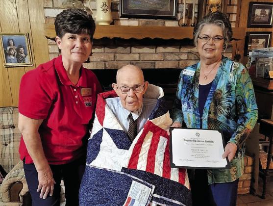 From left, pictured with Hubert B. Nutt, Jr, is Debbie Stubbs and Sue Fielden. Nutt was recently honored for his military service during WWII. Photo Courtesy of Bryan Davis