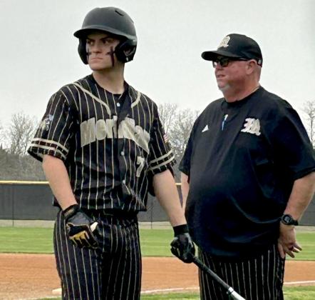 Jacket senior Brayden Wehmeyer (7) returns to lead the team in batting (above); New Jacket head coach Roy Mozley discusses strategy with his team on the mound (far left). Courtesy Photos