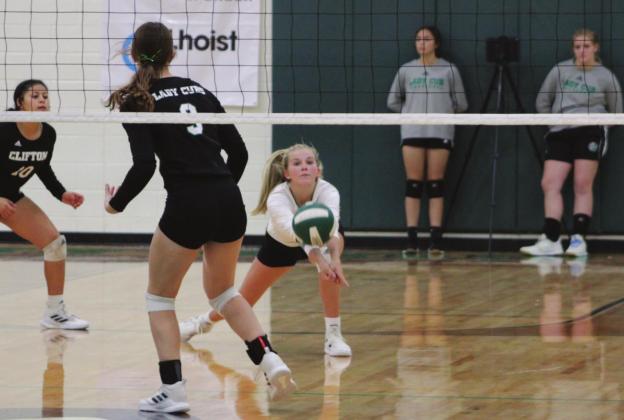 Senior Kamryn Zint comes up with the dig during Clifton’s hometown win over the Whitney Wildcats Friday afternoon. Brook DeZavala | The Clifton Record