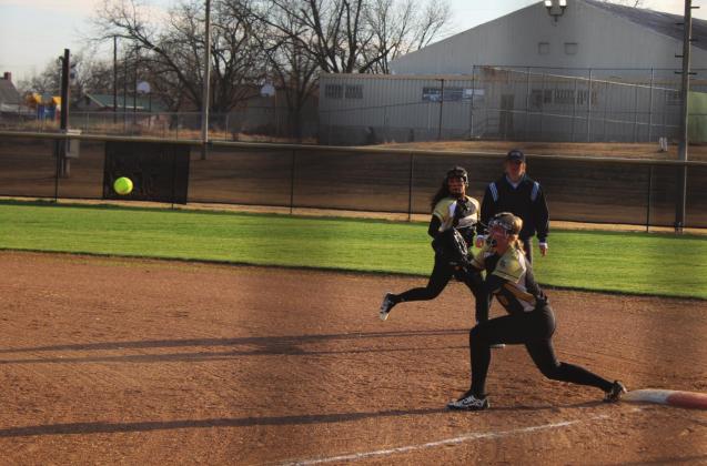 Eve Dirske stretches out to meet the ball at first base for the Meridian Lady Jackets. Brook DeZavala | The Clifton Record