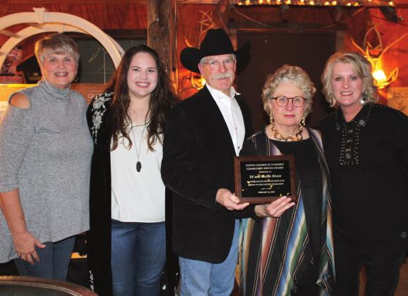 The Reisers of Corner Drug Cafe and Screen Door Inn Bed and Breakfast are honored with the Chamber Community Service Award at Saturday evening’s annual banquet. From left is Phyllis Gamble, Chamber Board Chair Savannah Lea, Ed and Phyllis Reiser, and Chamber Director Paige Key. Ashley Barner | The Clifton Record