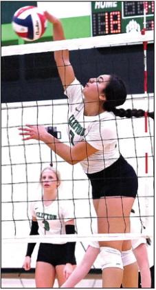 Lady Cub senior Brianna Gonzalez (7) goes up for a spike at the net against Keene last Friday. Photo courtesy of Brett Voss’ The Sports Buzz