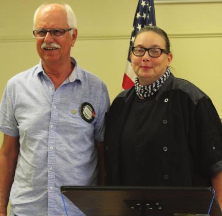 Rotarian Robert Evinger introduced his guest Elizabeth Pannabecker, the new chef at Olaf’s, at last Thursday’s Bosque County Rotary Club meeting. Ashley Barner | Meridian Tribune